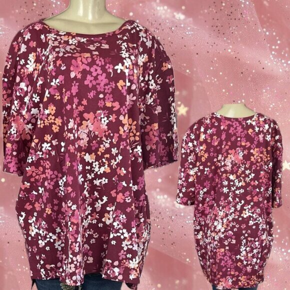 Woman Within +26/28 Maroon Red Floral Crew Neckline 100% Cotton Short Sleeve Top - Picture 1 of 6